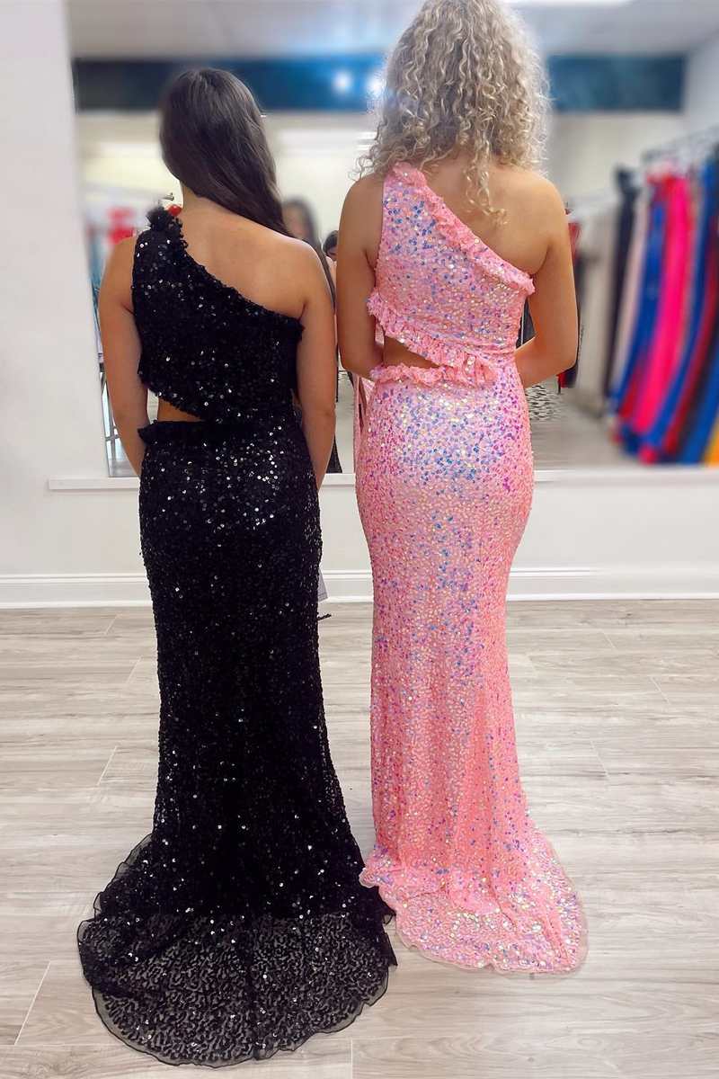 One-Shoulder Sequin Ruffles Cutout Long Prom Dress with Slit