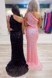 One-Shoulder Sequin Ruffles Cutout Long Prom Dress with Slit