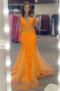 Orange Appliques V-Neck Backless Mermaid Long Prom Dress