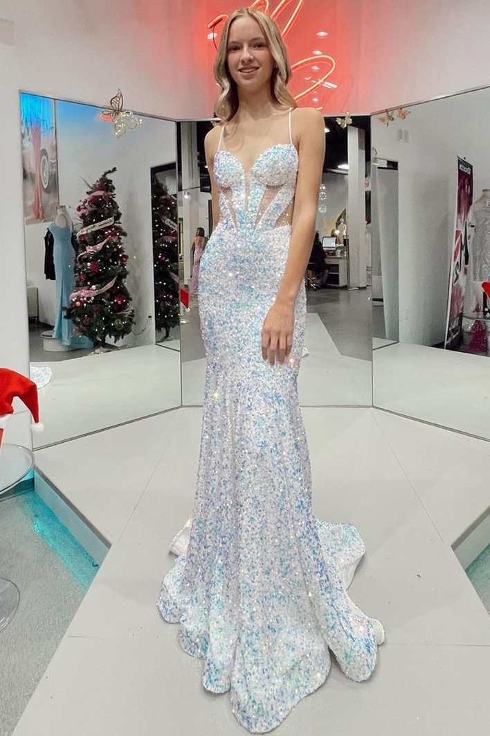 White Iridescent Sequin Straps Cutout Mermaid Long Prom Dress