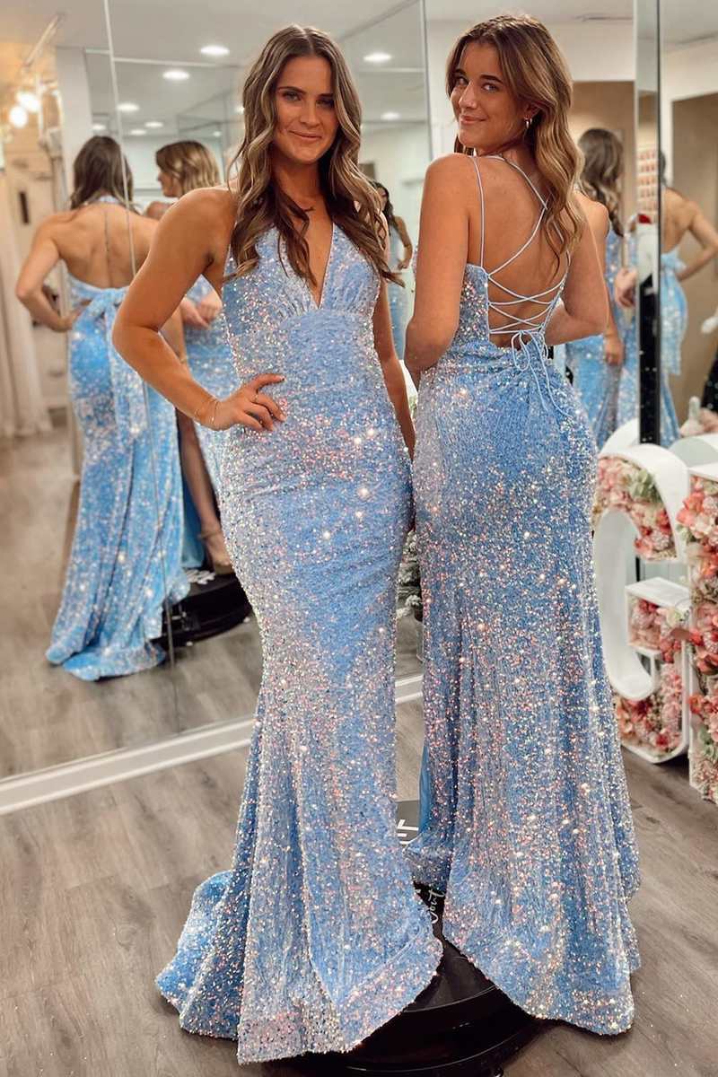 Blue Iridescent Sequin Mermaid Long Prom Dress Dreamdressy