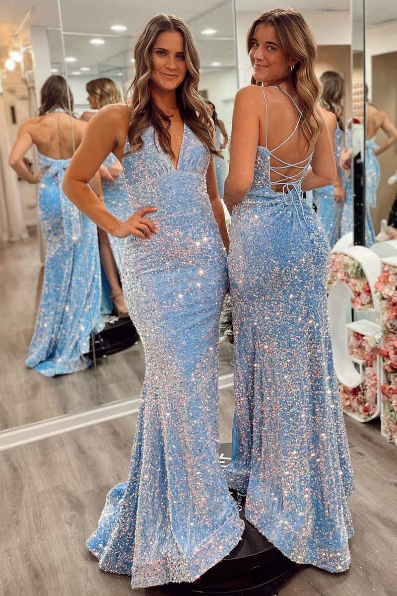 Blue Iridescent Sequin Mermaid Long Prom Dress