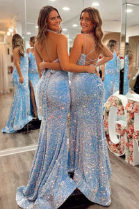 Blue Iridescent Sequin Mermaid Long Prom Dress