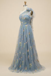 Blue-Grey Floral Embroidery One-Shoulder A-Line Prom Dress
