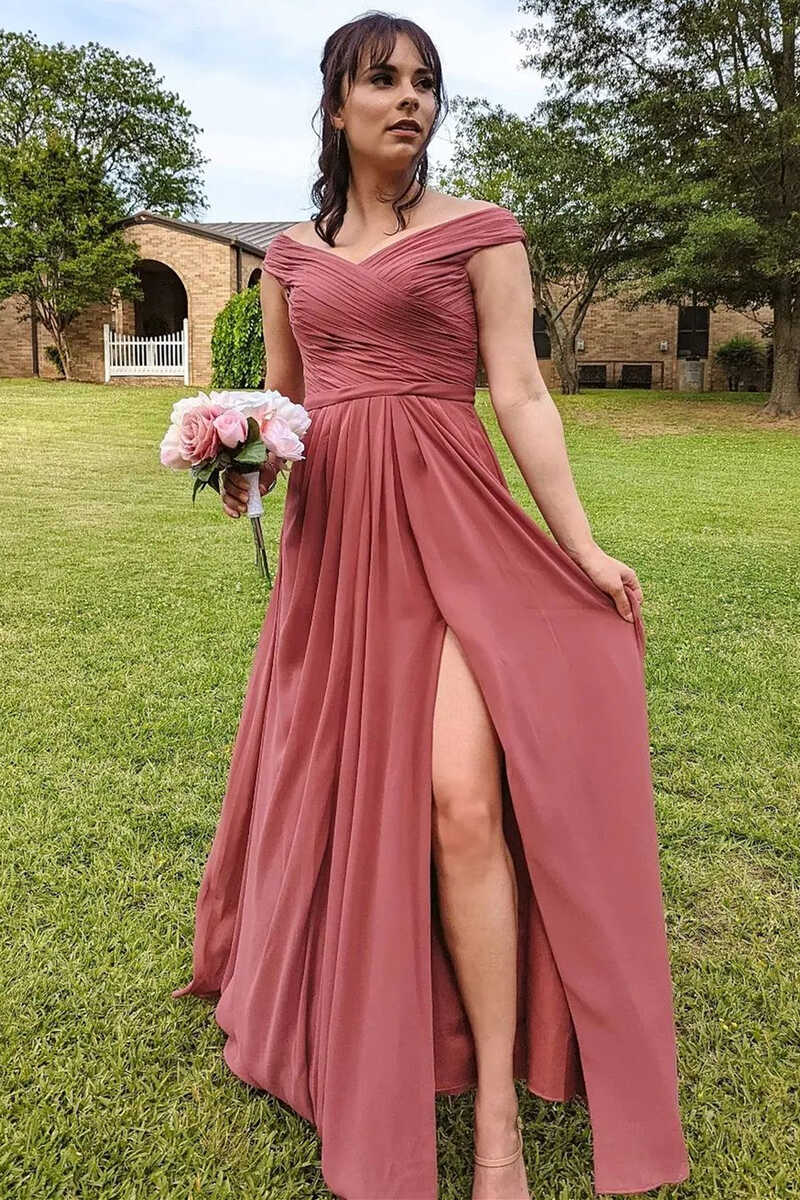 Chiffon Off-the-Shoulder Long Bridesmaid Dress with Slit