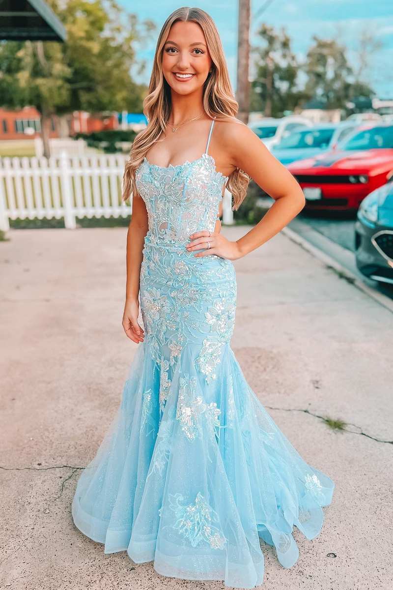 Light Blue Mermaid Prom Dress Light Blue Appliques Straps Lace-Up