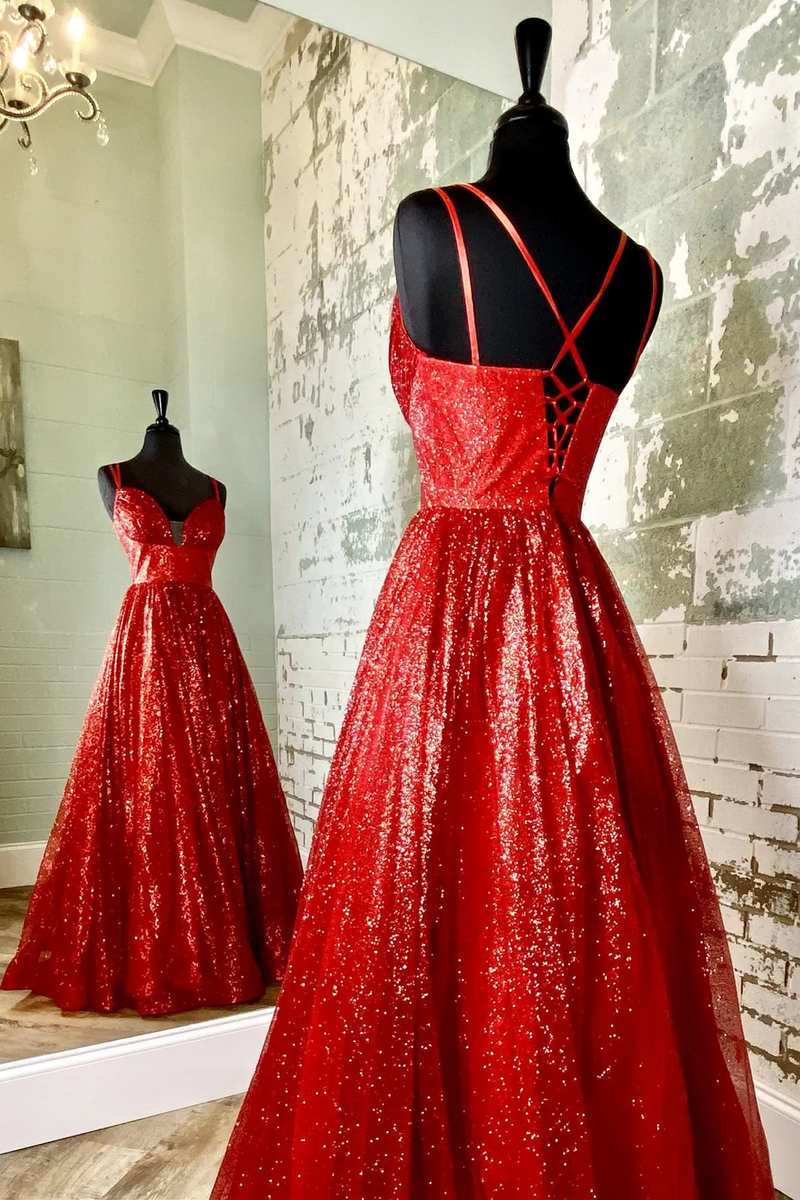 A-Line Red Sequin Lace-Up Long Prom Dress