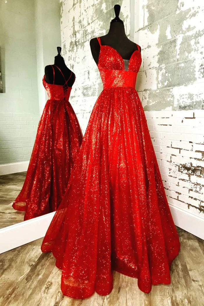 A-Line Red Sequin Lace-Up Long Prom Dress