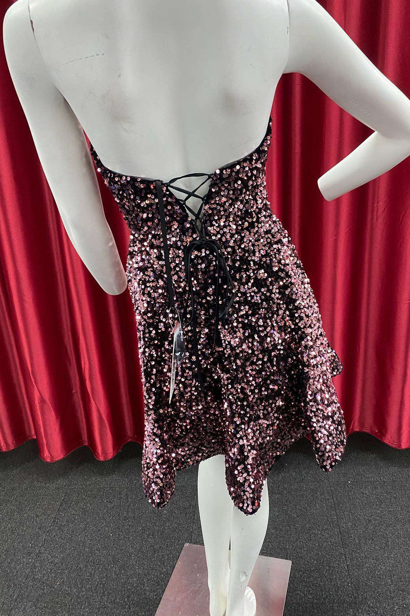 Dark Pink Sequin Strapless A-Line Homecoming Dress