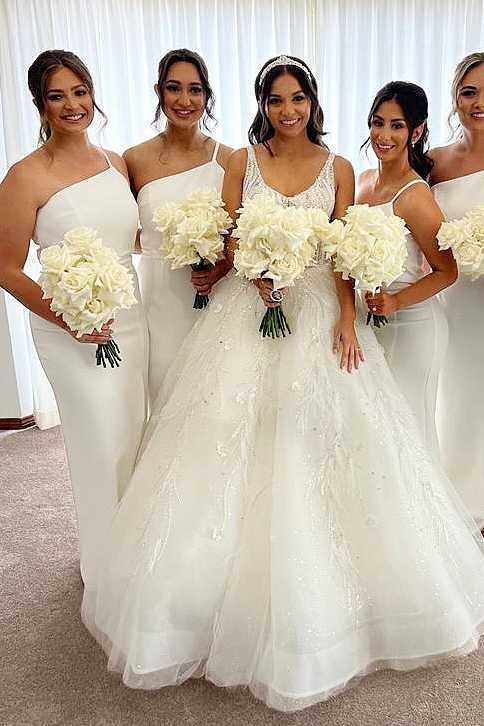 White One-Shoulder Sheath Long Bridesmaid Dress with Slit