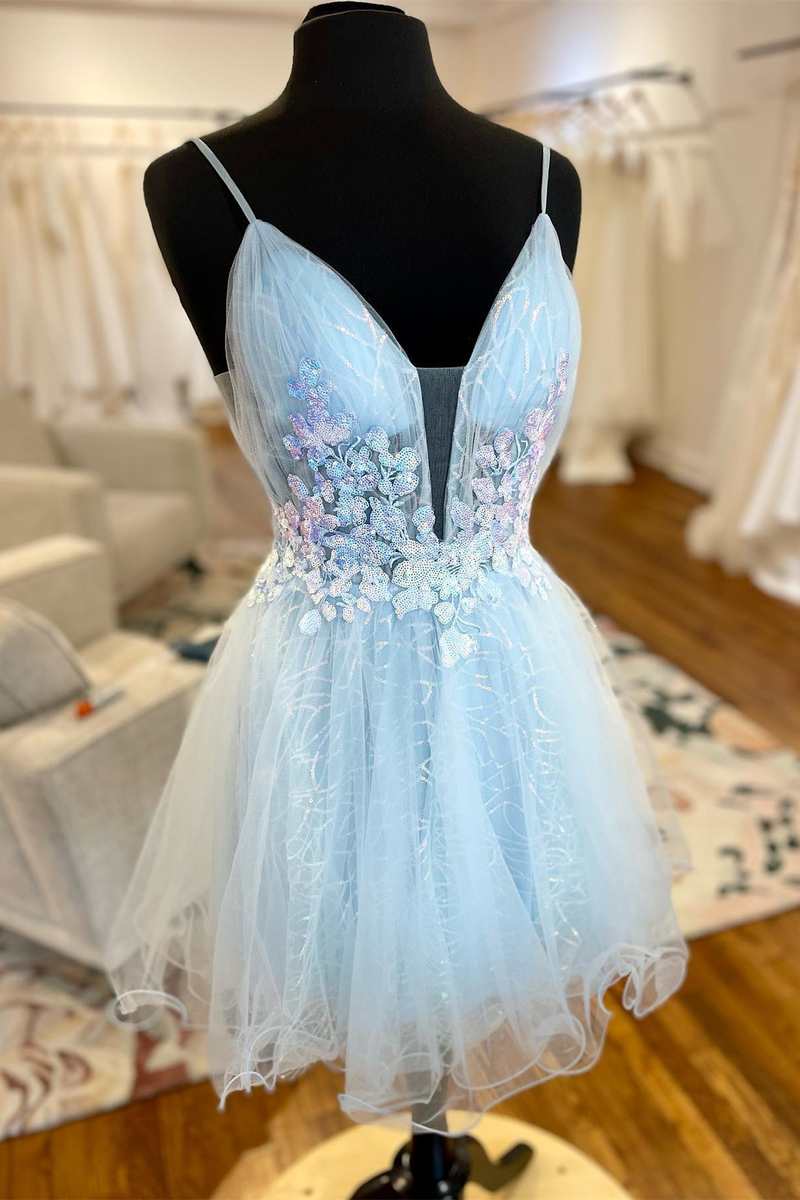 Light Blue Tulle Open Back A Line Short Party Dress Dreamdressy