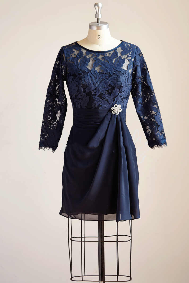 Navy Blue Lace Long Sleeve Ruched Short Mother of the Bride Dress