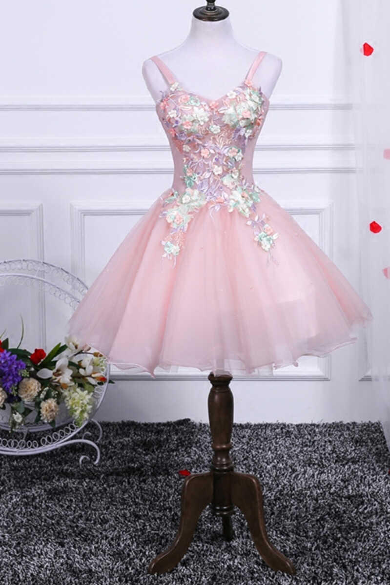 Two-Piece Pink Appliques Straps A-Line Short Party Dress