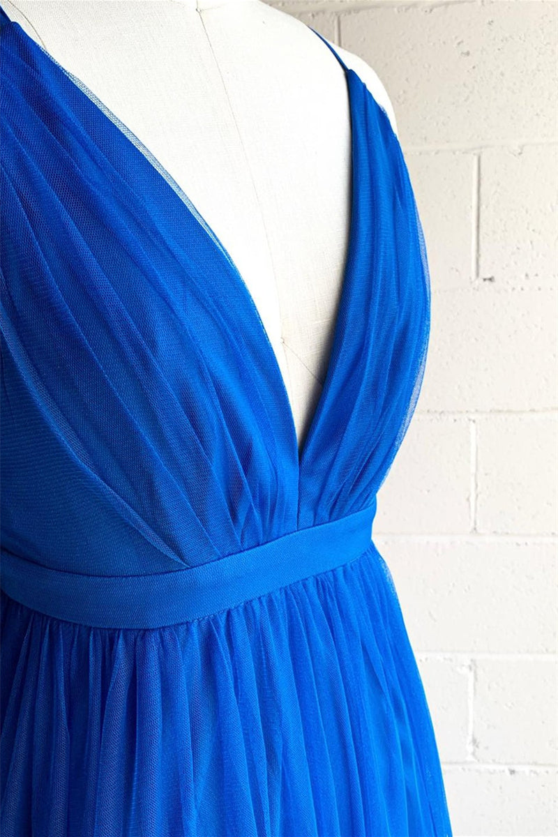 Royal Blue A-line V Neck Pleated Tulle Long Bridesmaid Dress with Slit