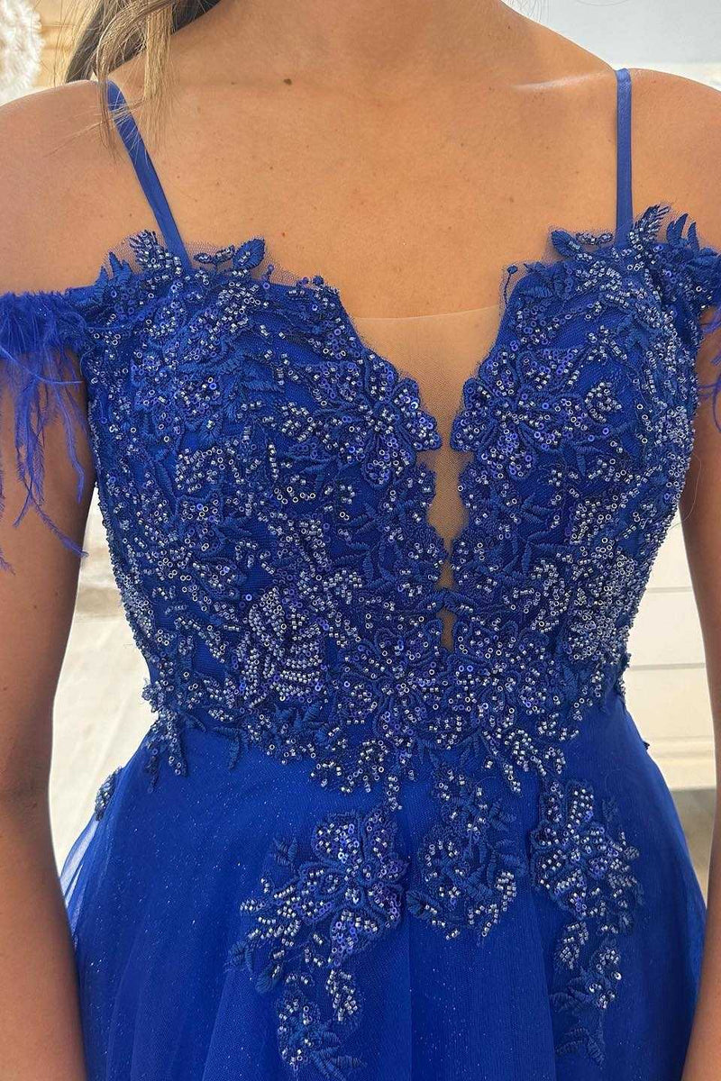 Royal Blue Feather Appliques Cold-Shoulder A-Line Prom Dress with Slit