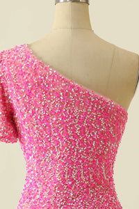 Pink Sequin One-Sleeve Bodycon Homecoming Dress