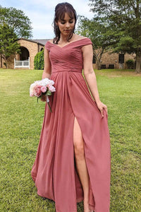 Chiffon Off-the-Shoulder Long Bridesmaid Dress with Slit