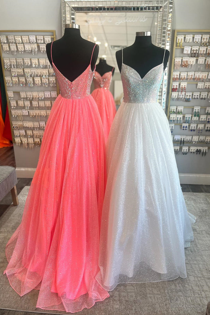 Hot Pink & Ivory A-line Sparkly Plunging V Neck Spaghetti Straps Sequins Top Long Prom Dress