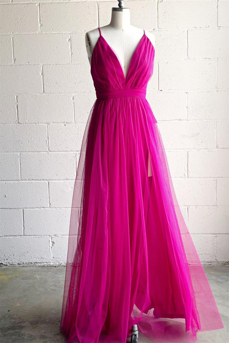 Fuchsia A-line V Neck Pleated Tulle Long Bridesmaid Dress with Slit