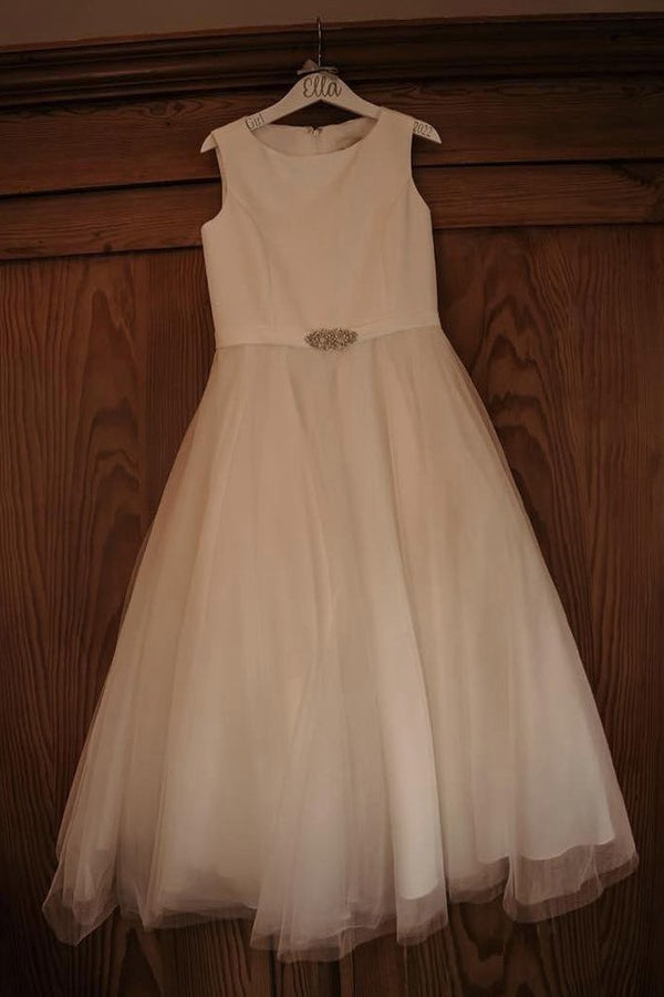 White Jewel Sleeveless Beaded Sash Long Flower Girl Dress with Buttons