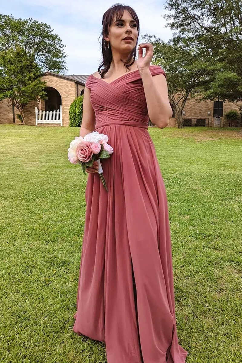 Chiffon off the store shoulder bridesmaid dress