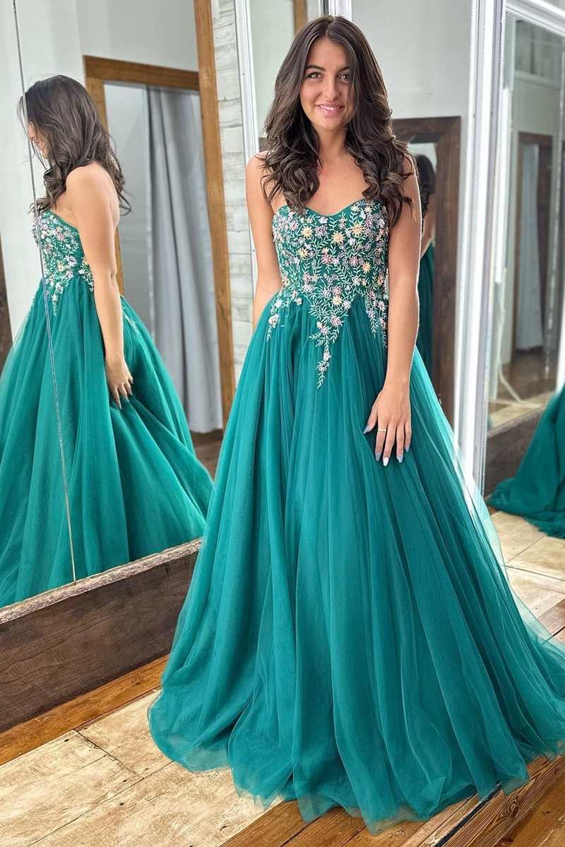 Flower Tulle Green Strapless Prom Dress