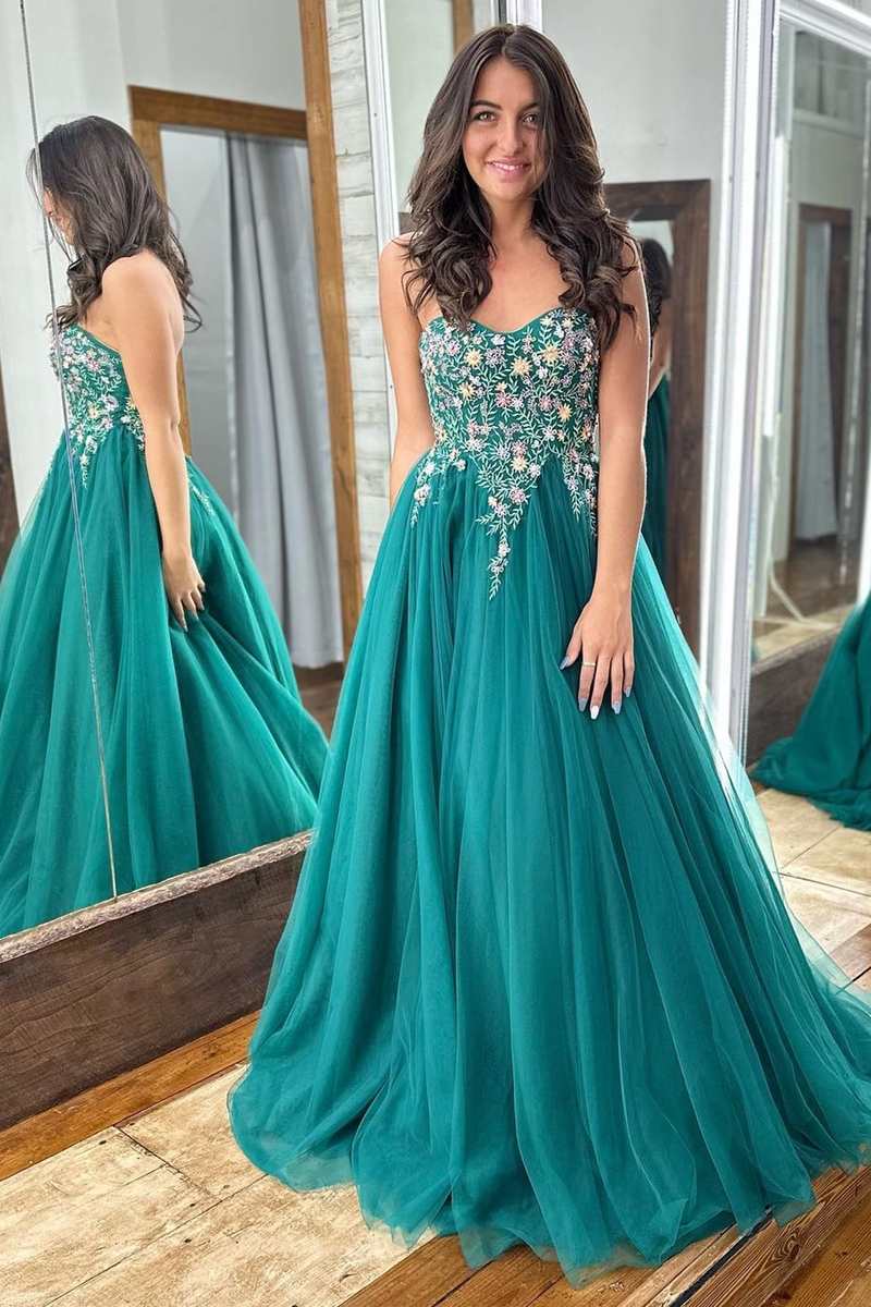 Emerald Green Tulle Floral Lace Strapless A-Line Prom Gown
