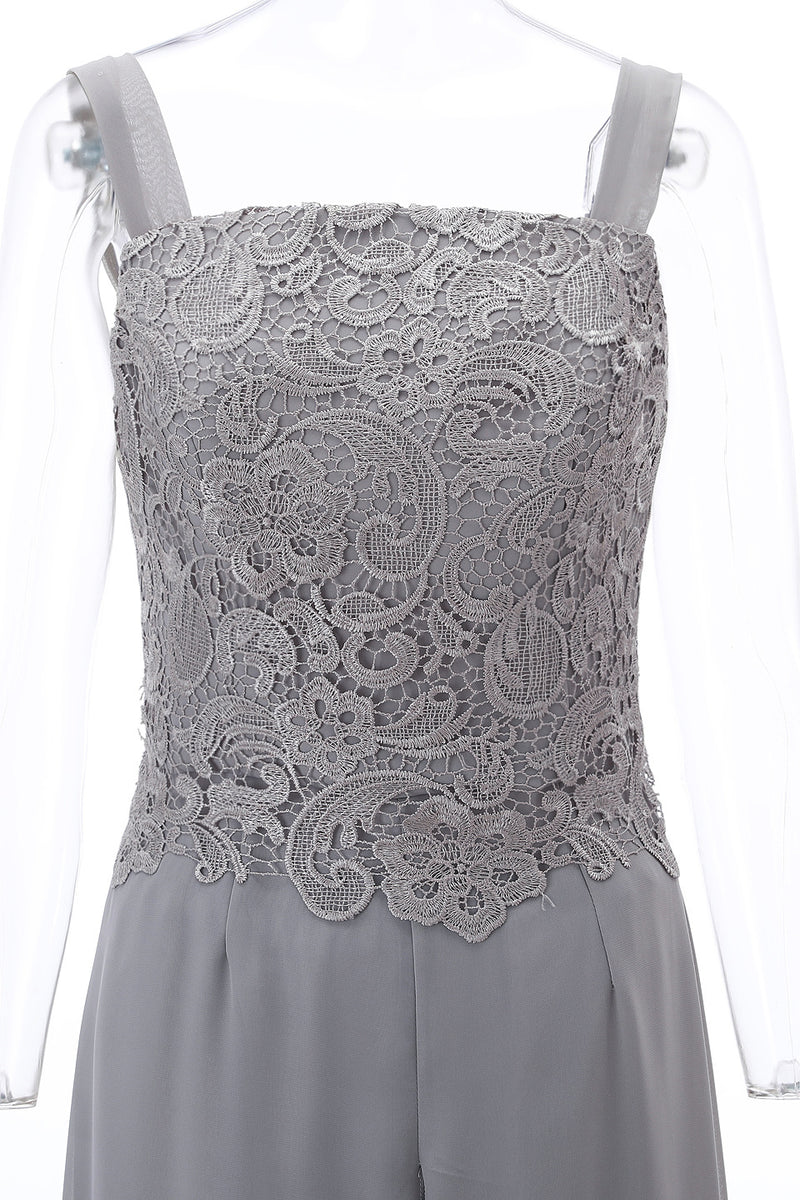 Grey Three-Piece Lace Mother of the Bride Pant Suits