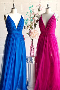 Royal Blue & Fuchsia A-line V Neck Pleated Tulle Long Bridesmaid Dress with Slit