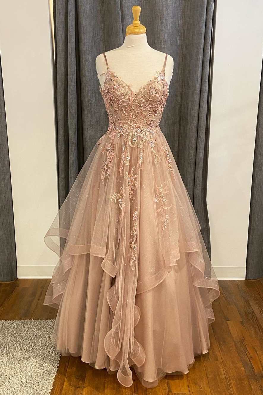Champagne Lace Beaded V-Neck Straps A-Line Tiered Prom Dress