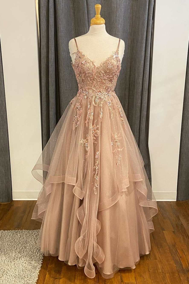 Champagne Lace Beaded V-Neck Straps A-Line Tiered Prom Dress