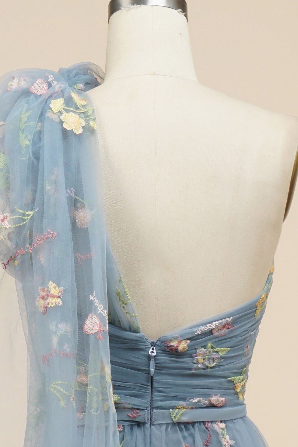 Blue-Grey Floral Embroidery One-Shoulder A-Line Prom Dress