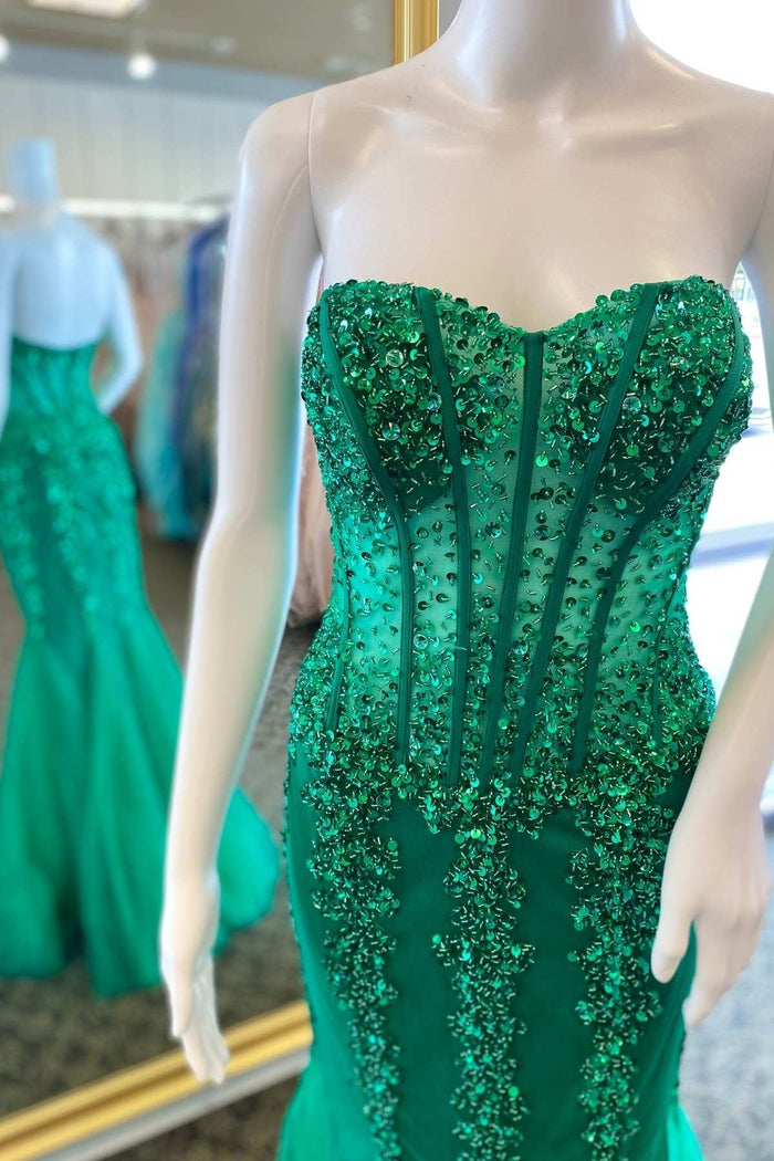 Green Sequin Strapless Mermaid Long Prom Dress
