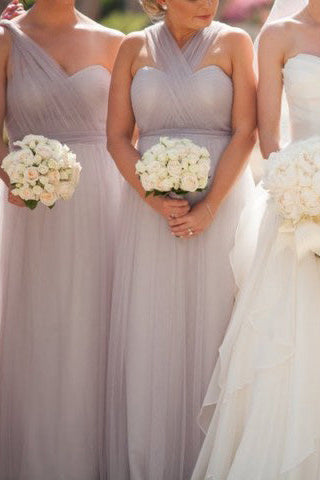 A-Line Tulle Silver Long Bridesmaid Dress with Lace up