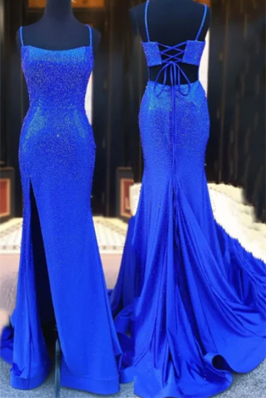 Beaded Mermaid Royal Blue Slit Long Prom Dress