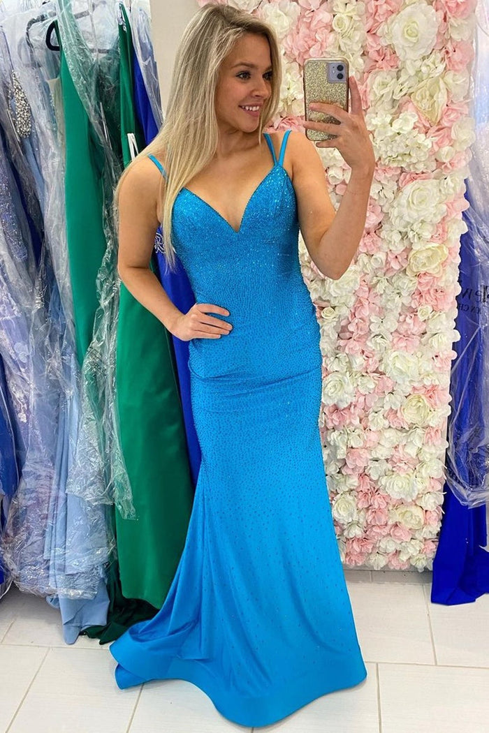 Blue Mermaid Beaded Long Prom Dress