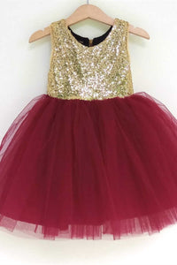 Gold & Burgundy Sequins Girl Party Dress