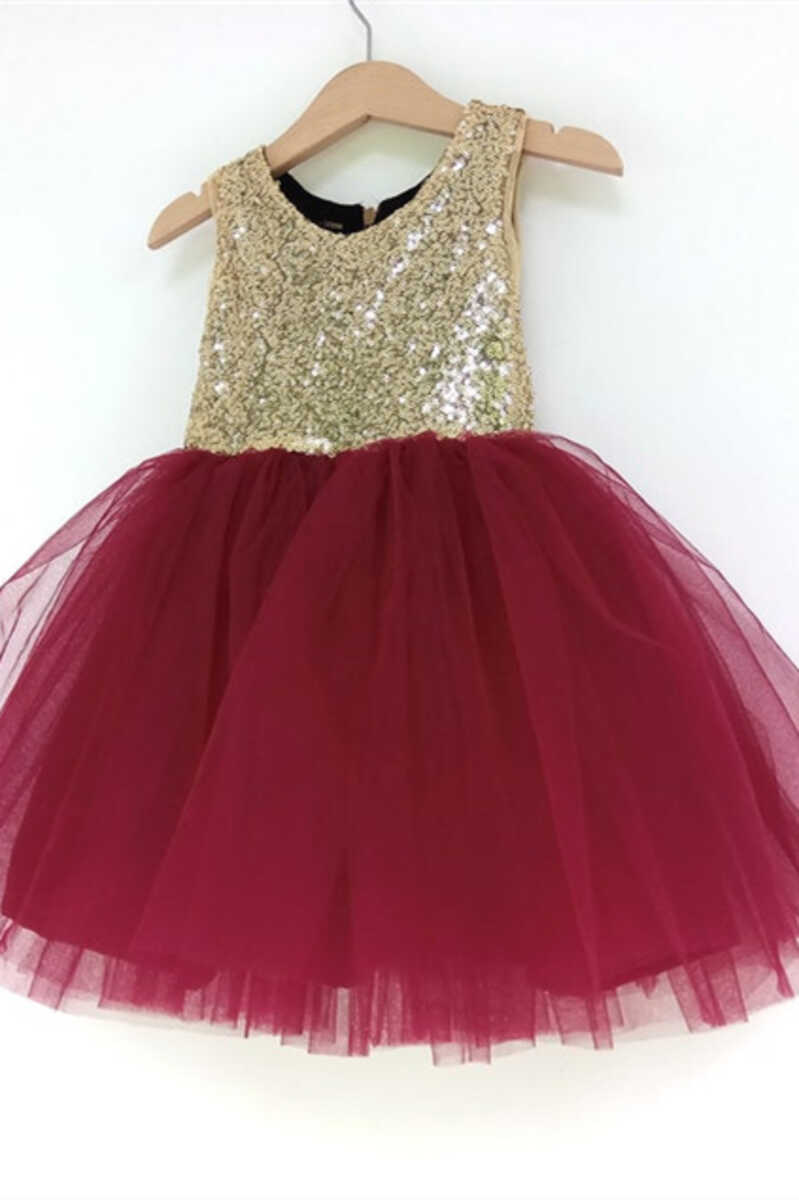 Gold & Burgundy Sequins Girl Party Dress