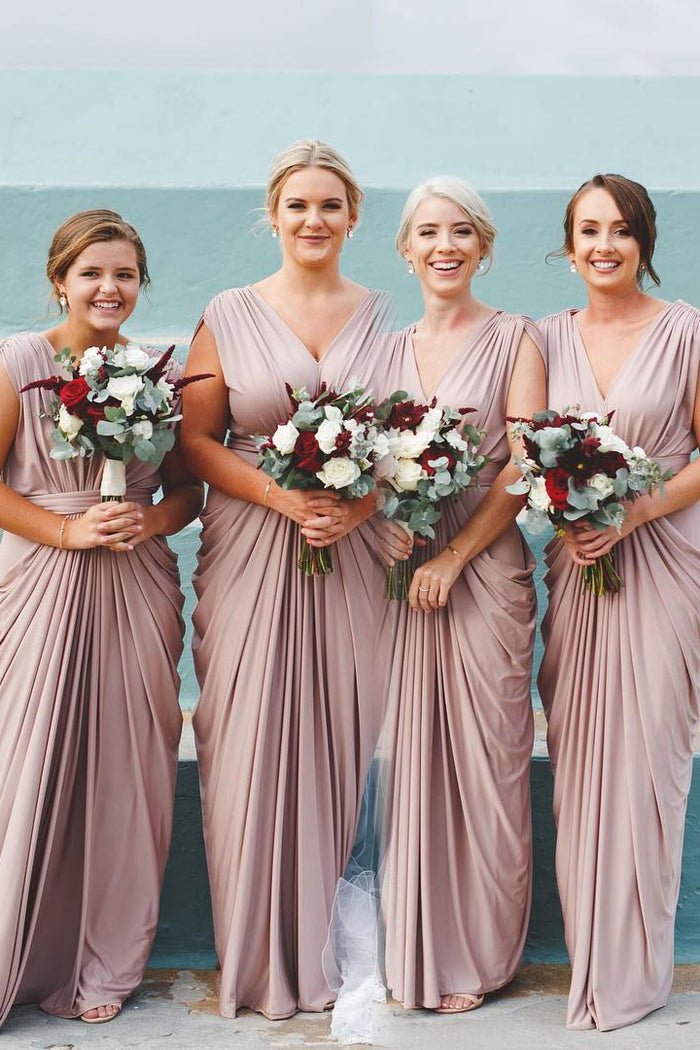 Dusty Rose V-Neck Ruffles Floor Length Bridesmaid Dresses