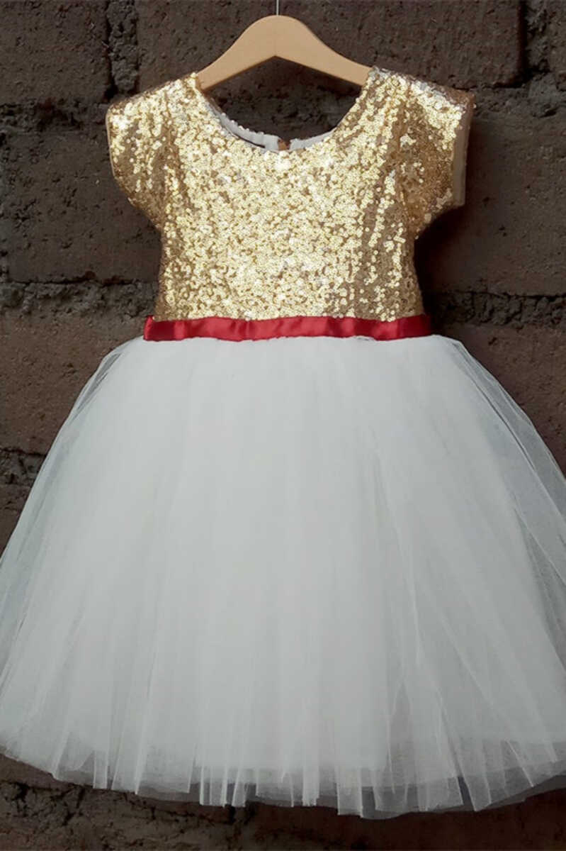 Gold & White Sequins Tie Back Flower Girl Dress