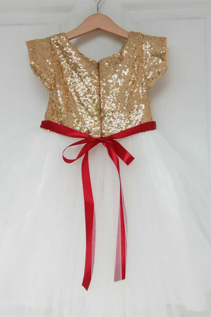 Gold & White Sequins Tie Back Flower Girl Dress