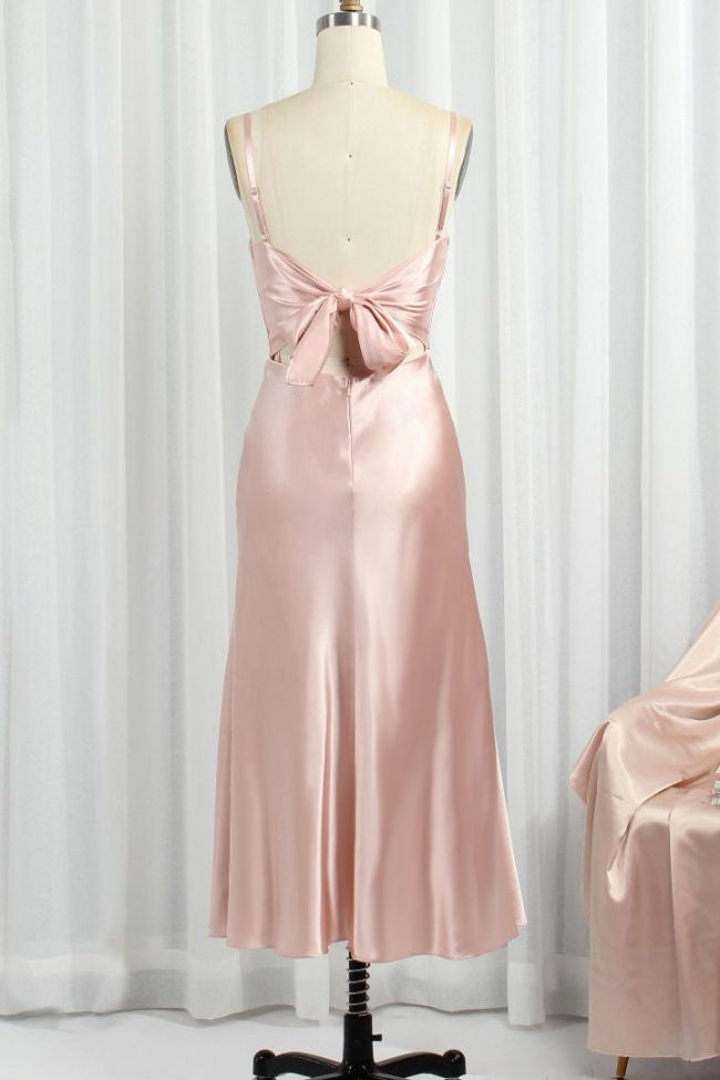 Classic Pink Spaghetti Straps Midi Party Dresss