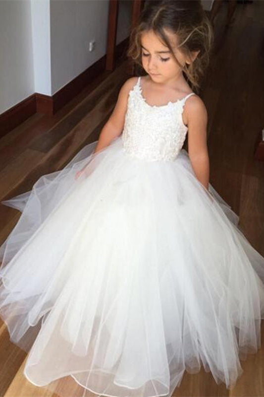 Cute A-Line Straps White Long Flower Girl Dress