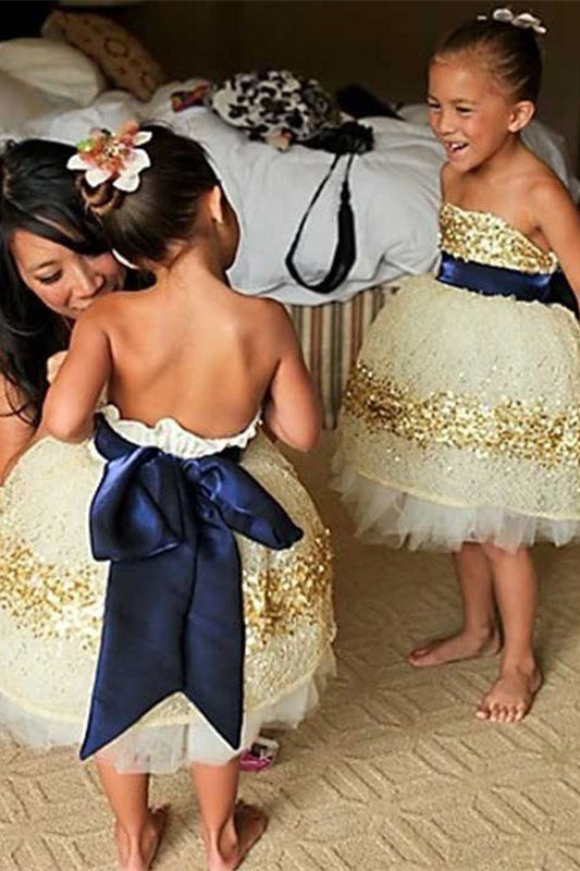 Cute Ball Gown Gold Sequins Flower Girl Dress with Bow