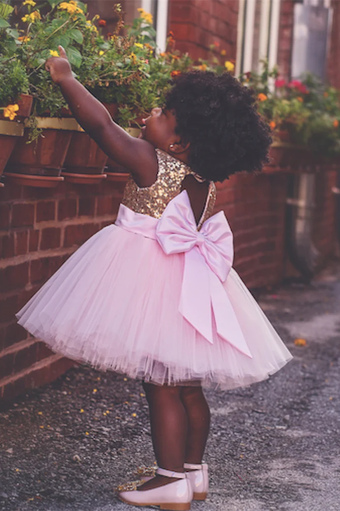 Cute Toddler Ball Gown Gold Sequins Pink Flower Girl Dress