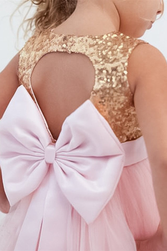 Cute Toddler Ball Gown Gold Sequins Pink Flower Girl Dress