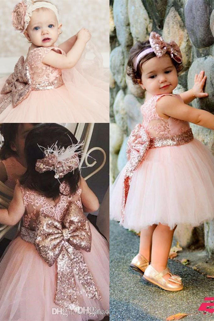 Cute Toddler Ball Gown Pink Flower Girl Dress with Bow