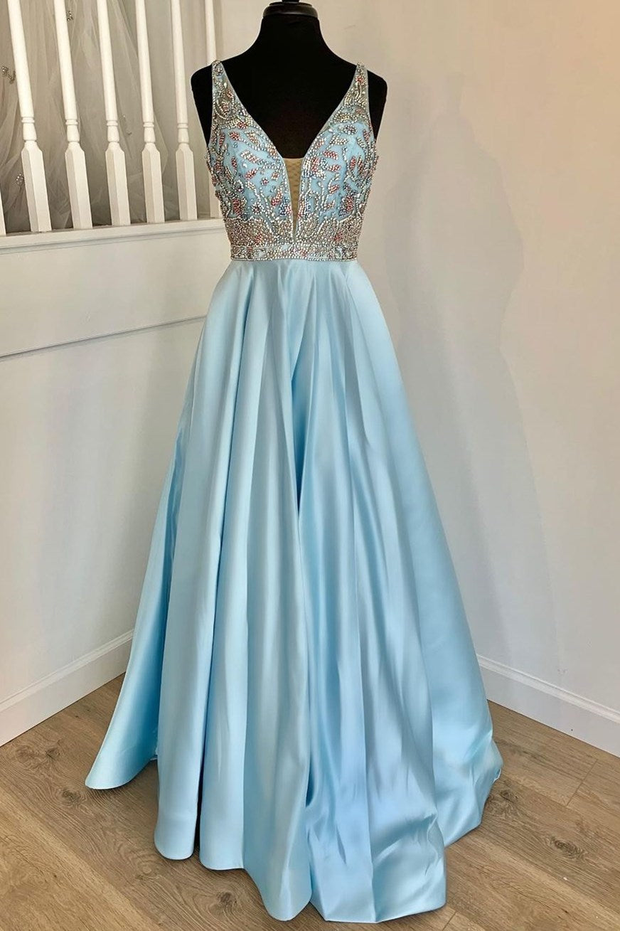 Elegant Light Blue A-line Beaded Long Prom Dress