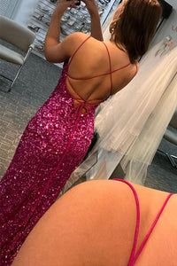 Fuchsia Sequins Mermaid Long Prom Dress with Slit