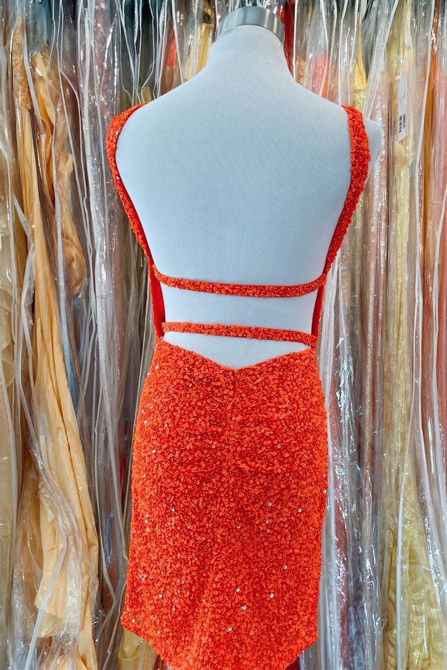 Orange Sequins Cross Front Bodycon Mini Party Dress